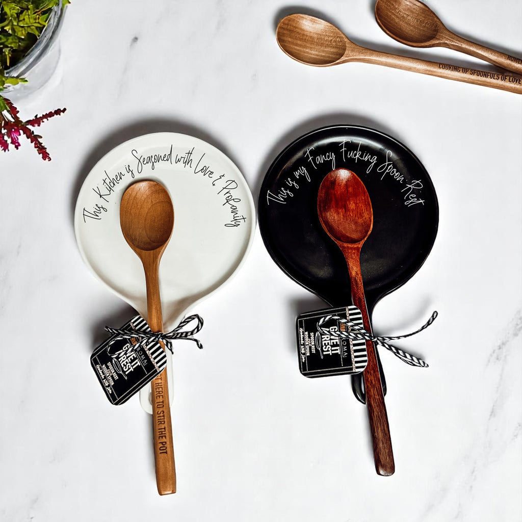 Funny Chef Spoon Rest with Wooden Spoon – Porcelain Kitchen Spoon Holder Gift