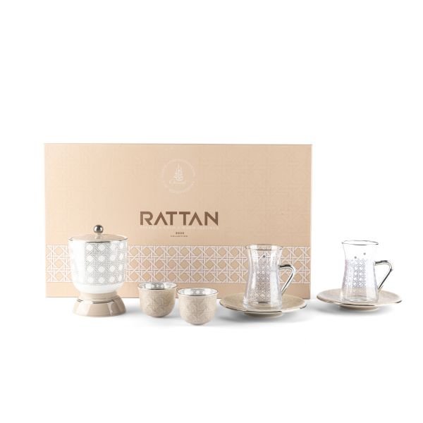 Rattan Royale: Opulent 19 - Piece Tea/coffee Set in Bone China Porcelain with Real Gold Plating - Anara Lifestyle