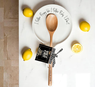 Recipes & Rules Spoon Rest with Wooden Spoon – Funny Porcelain Kitchen Gift