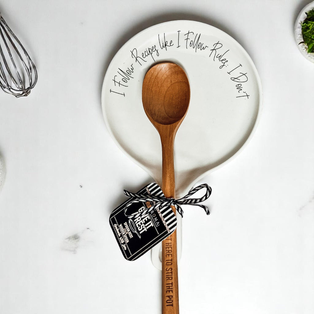 Recipes & Rules Spoon Rest with Wooden Spoon – Funny Porcelain Kitchen Gift