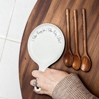 Recipes & Rules Spoon Rest with Wooden Spoon – Funny Porcelain Kitchen Gift