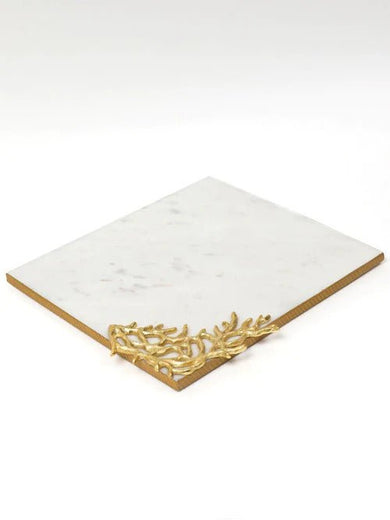 Rectangular Marble Tray with Metal Gold Branch Details - Anara Lifestyle