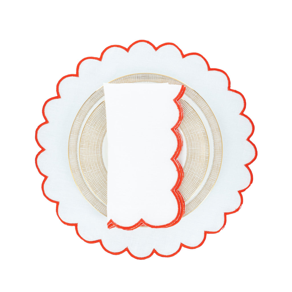 Red Scalloped Linen Napkins, Set of 4