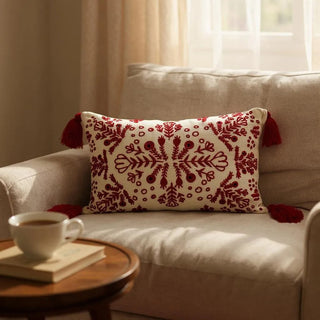 Red & White Embroidered Throw Pillow with Tassels – Handcrafted Home Decor