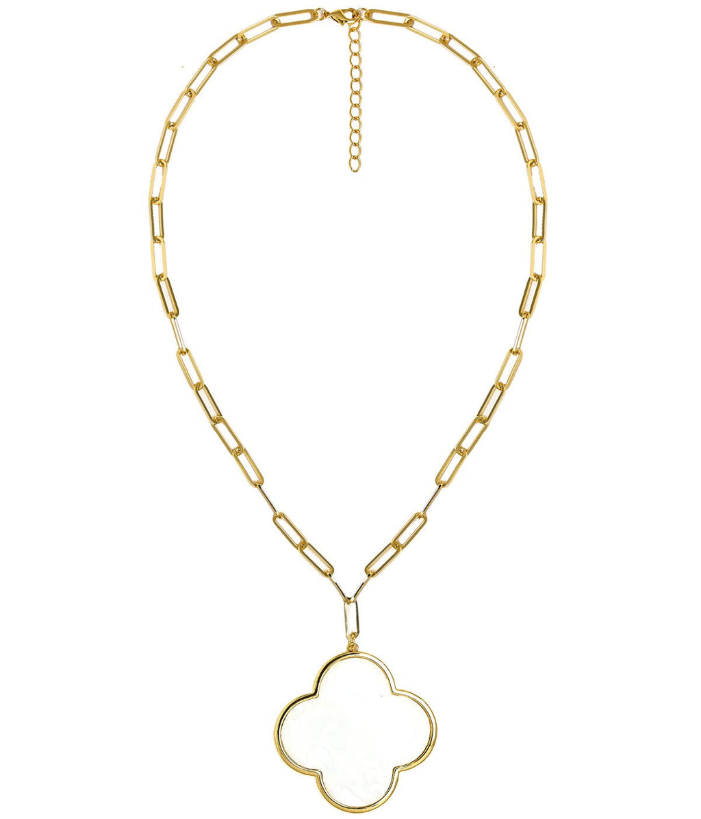 Riley Large Clover Shell Necklace - 18k Plated Paper Clip Chain
