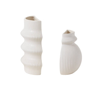 Ruffled Elegance: White Matte Ceramic Bookend Vases - Anara Lifestyle