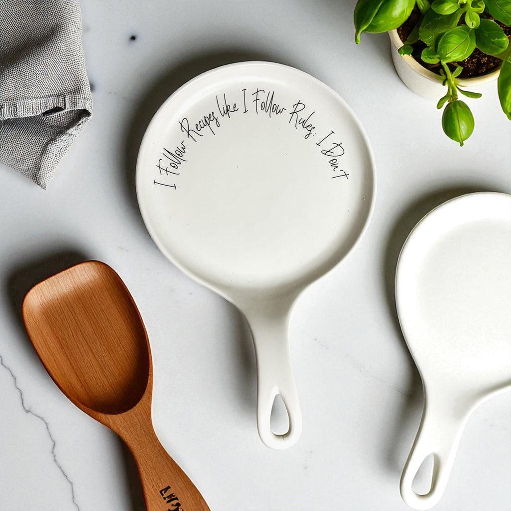 Recipes & Rules Spoon Rest with Wooden Spoon – Funny Porcelain Kitchen Gift