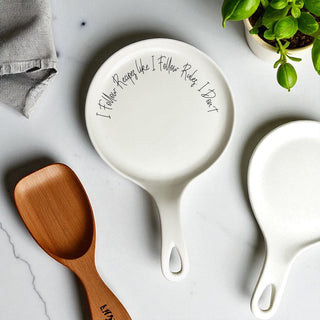 Recipes & Rules Spoon Rest with Wooden Spoon – Funny Porcelain Kitchen Gift