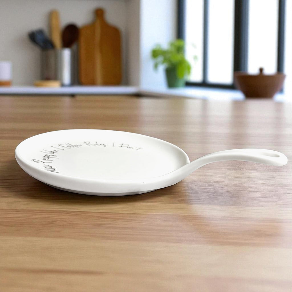 Recipes & Rules Spoon Rest with Wooden Spoon – Funny Porcelain Kitchen Gift