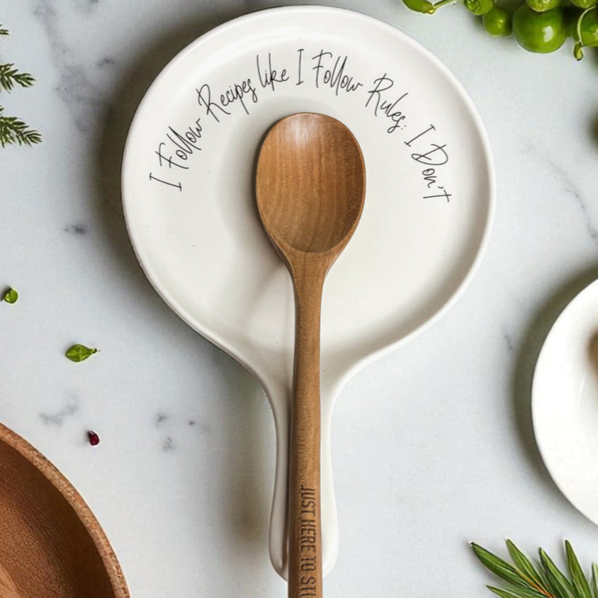 Recipes & Rules Spoon Rest with Wooden Spoon – Funny Porcelain Kitchen Gift