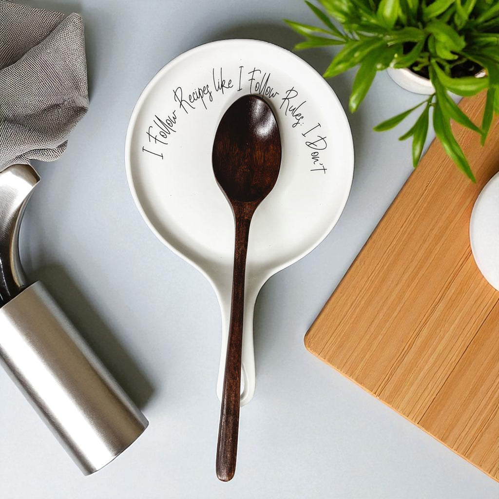Recipes & Rules Spoon Rest with Wooden Spoon – Funny Porcelain Kitchen Gift