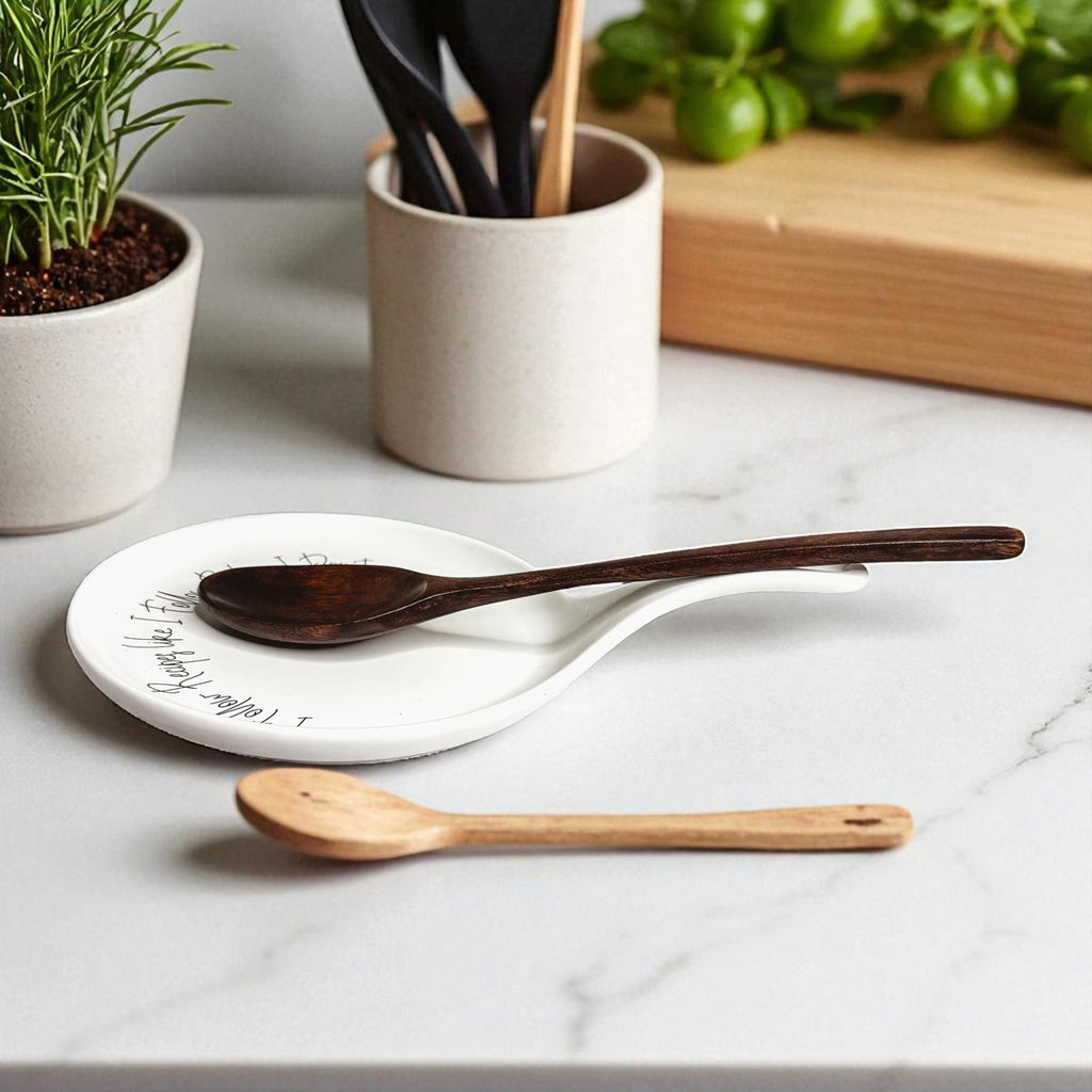 Recipes & Rules Spoon Rest with Wooden Spoon – Funny Porcelain Kitchen Gift