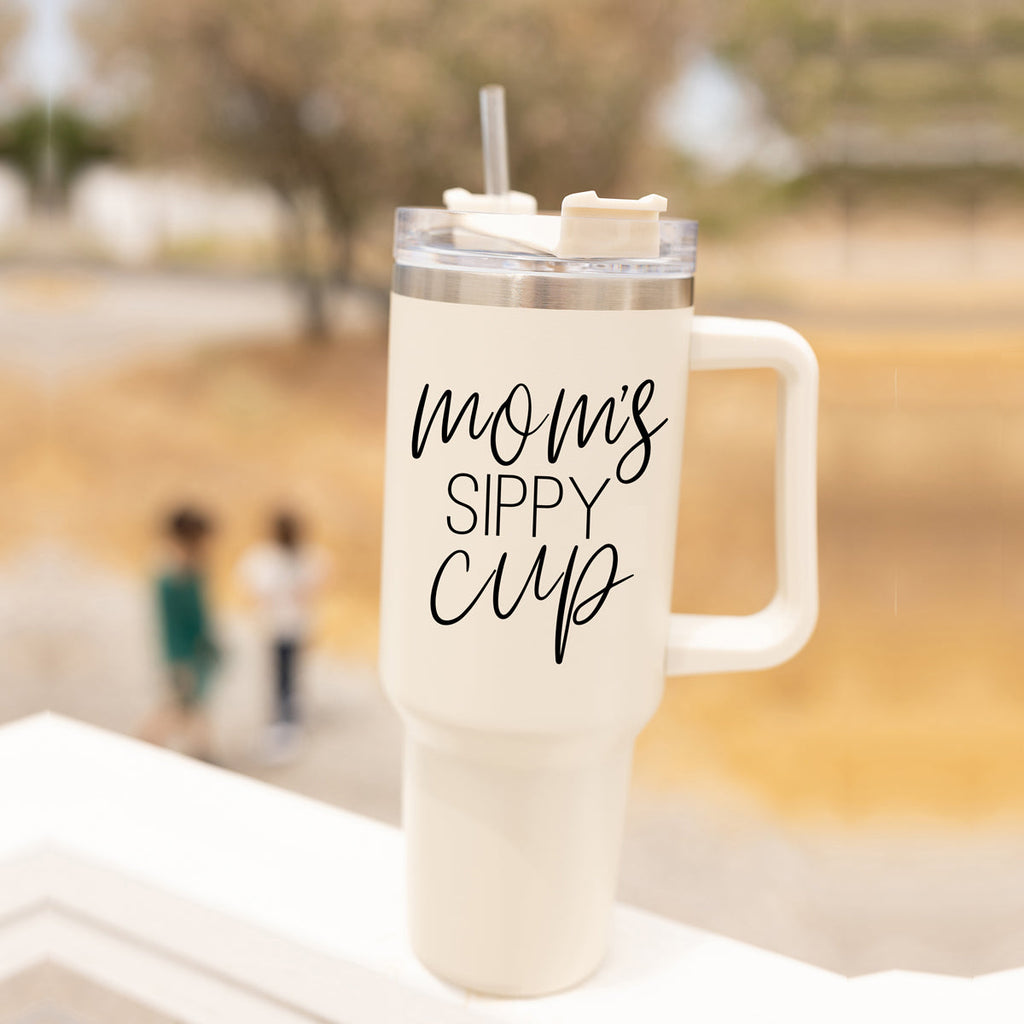 Mom’s Sippy Cup 40oz Insulated Tumbler – Travel Mug with Handle & Straw