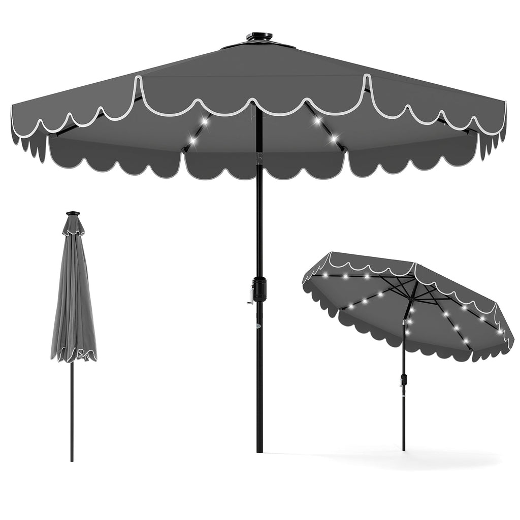 9.3-Foot Solar Patio Umbrella with 24 LED Lights and Ruffled Canopy – Beige
