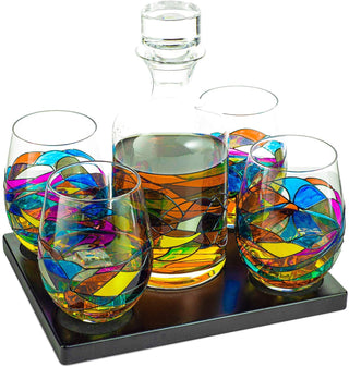 Artisanal Barcelona Hand-Painted Decanter Set | Renaissance Stained-Glass Collection
