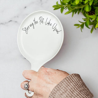 Funny “Stir the Pot” Spoon Rest with Wooden Spoon – Porcelain Kitchen Spoon Holder