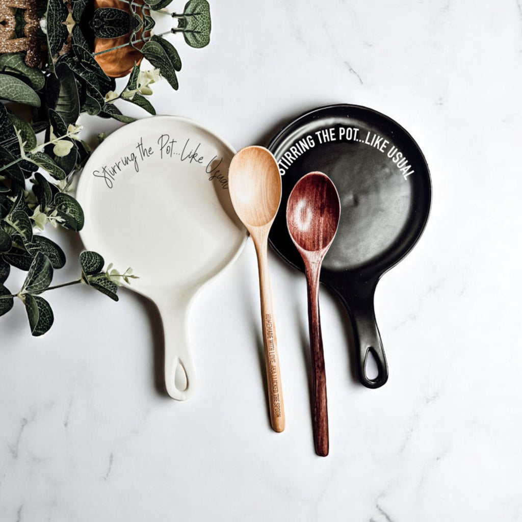 Funny “Stir the Pot” Spoon Rest with Wooden Spoon – Porcelain Kitchen Spoon Holder