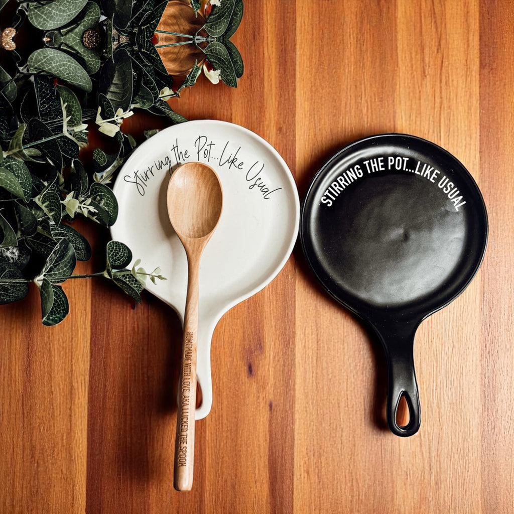 Funny “Stir the Pot” Spoon Rest with Wooden Spoon – Porcelain Kitchen Spoon Holder