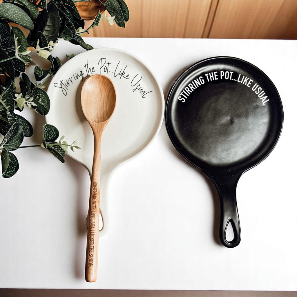 Funny “Stir the Pot” Spoon Rest with Wooden Spoon – Porcelain Kitchen Spoon Holder
