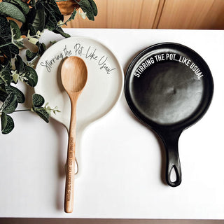 Funny “Stir the Pot” Spoon Rest with Wooden Spoon – Porcelain Kitchen Spoon Holder