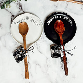 Funny “Stir the Pot” Spoon Rest with Wooden Spoon – Porcelain Kitchen Spoon Holder