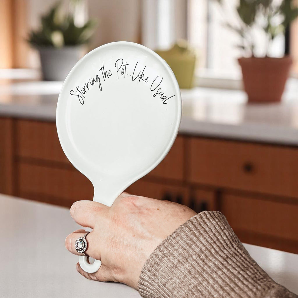 Funny “Stir the Pot” Spoon Rest with Wooden Spoon – Porcelain Kitchen Spoon Holder