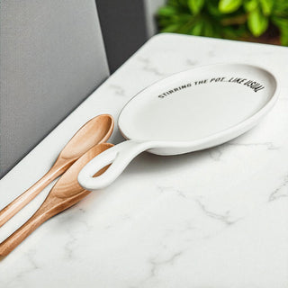 Funny “Stir the Pot” Spoon Rest with Wooden Spoon – Porcelain Kitchen Spoon Holder