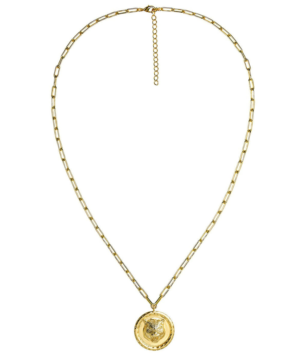 Tiger 3D Disc Coin Necklace - 18k Gold Plated