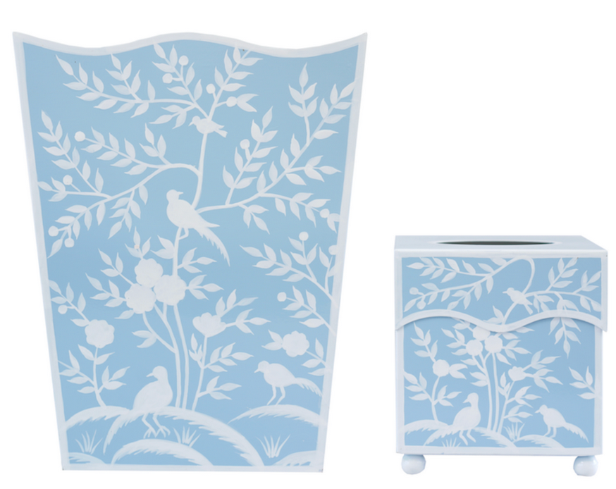 Blue Bird & Vine Wastepaper Basket & Tissue | Botanical Bath Décor