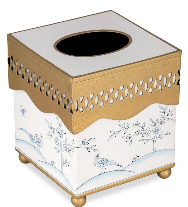 Ivory & Blue Pierced Wastepaper Basket & Tissue Holder | Classic Bathroom Décor