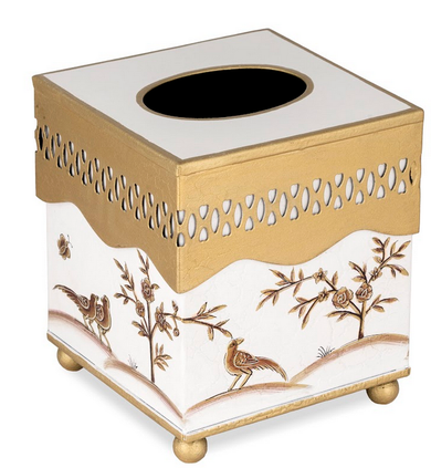 Ivory & Gold Oval Pierced Wastepaper Basket & Tissue | Elegant Bath Décor