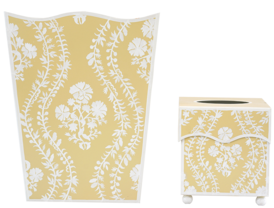 Butter Yellow Floral Trellis Wastepaper Basket & Tissue | Elegant Bath Décor