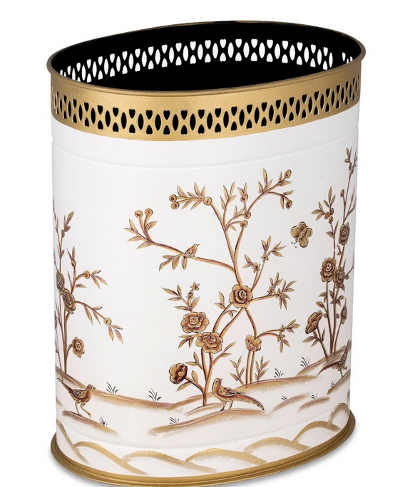 Ivory & Gold Oval Pierced Wastepaper Basket & Tissue | Elegant Bath Décor