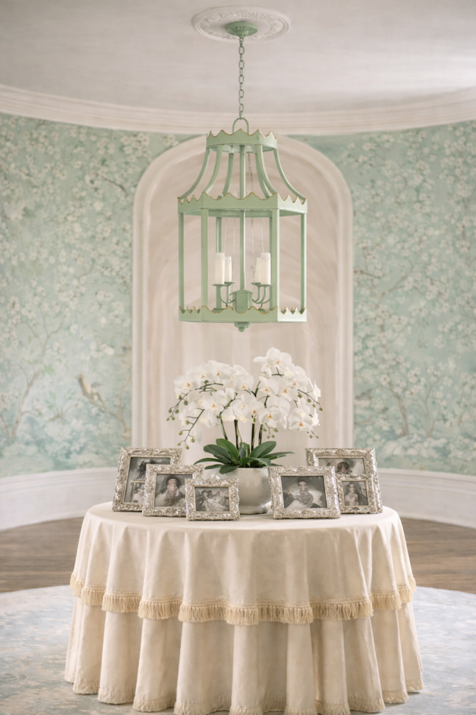 Elegant Green Scalloped Lantern Chandelier with Gold Trim