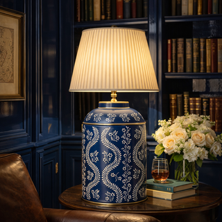 Navy Ikat Trellis Tea Caddy Table Lamp – Hand-Painted Chinoiserie Metal Lamp
