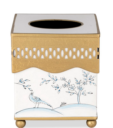 Ivory & Blue Pierced Wastepaper Basket & Tissue Holder | Classic Bathroom Décor