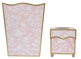 Pink Bird & Vine Wastepaper Basket & Tissue | Elegant Floral Bath Décor