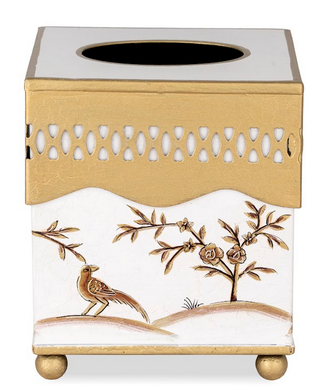 Ivory & Gold Oval Pierced Wastepaper Basket & Tissue | Elegant Bath Décor