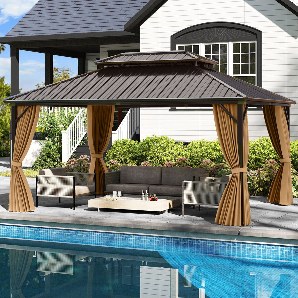 Hardtop Aluminum Gazebo with Curtains and Netting – 16' x 12', Coffee