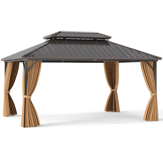 Hardtop Aluminum Gazebo with Curtains and Netting – 16' x 12', Coffee