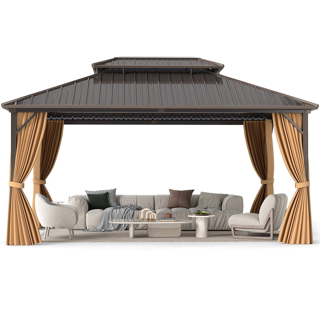 Hardtop Aluminum Gazebo with Curtains and Netting – 16' x 12', Coffee