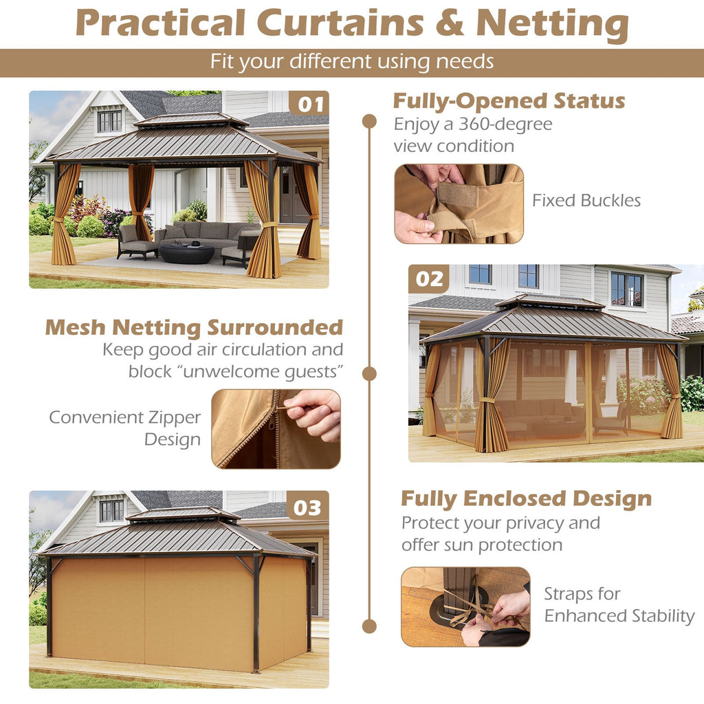Hardtop Aluminum Gazebo with Curtains and Netting – 16' x 12', Coffee