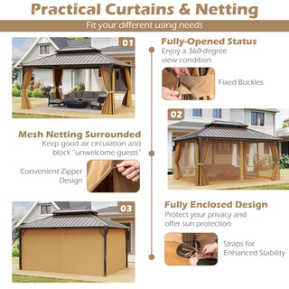 Hardtop Aluminum Gazebo with Curtains and Netting – 16' x 12', Coffee
