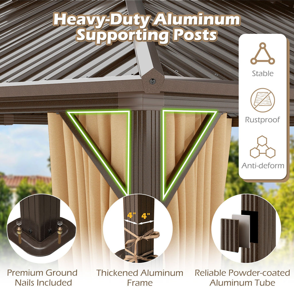 Hardtop Aluminum Gazebo with Curtains and Netting – 16' x 12', Coffee