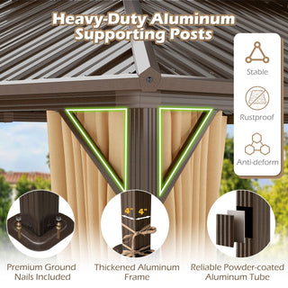 Hardtop Aluminum Gazebo with Curtains and Netting – 16' x 12', Coffee