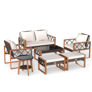 7-Piece PE Wicker and Acacia Wood Patio Conversation Set with Cushions
