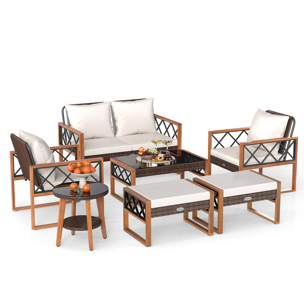 7-Piece PE Wicker and Acacia Wood Patio Conversation Set with Cushions