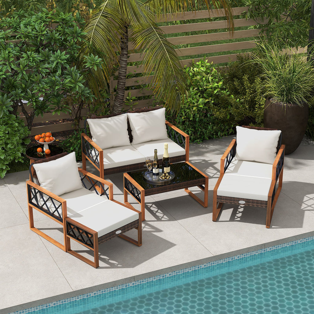 7-Piece PE Wicker and Acacia Wood Patio Conversation Set with Cushions
