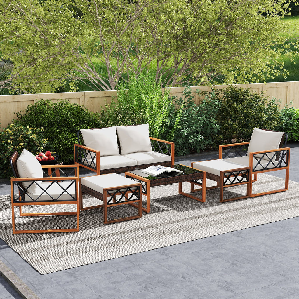 7-Piece PE Wicker and Acacia Wood Patio Conversation Set with Cushions