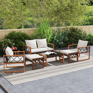 7-Piece PE Wicker and Acacia Wood Patio Conversation Set with Cushions
